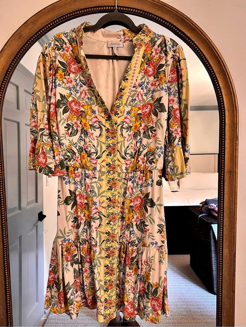 Adrianna Papell Floral Midi Dress in Pink & Yellow Size 16 Like New